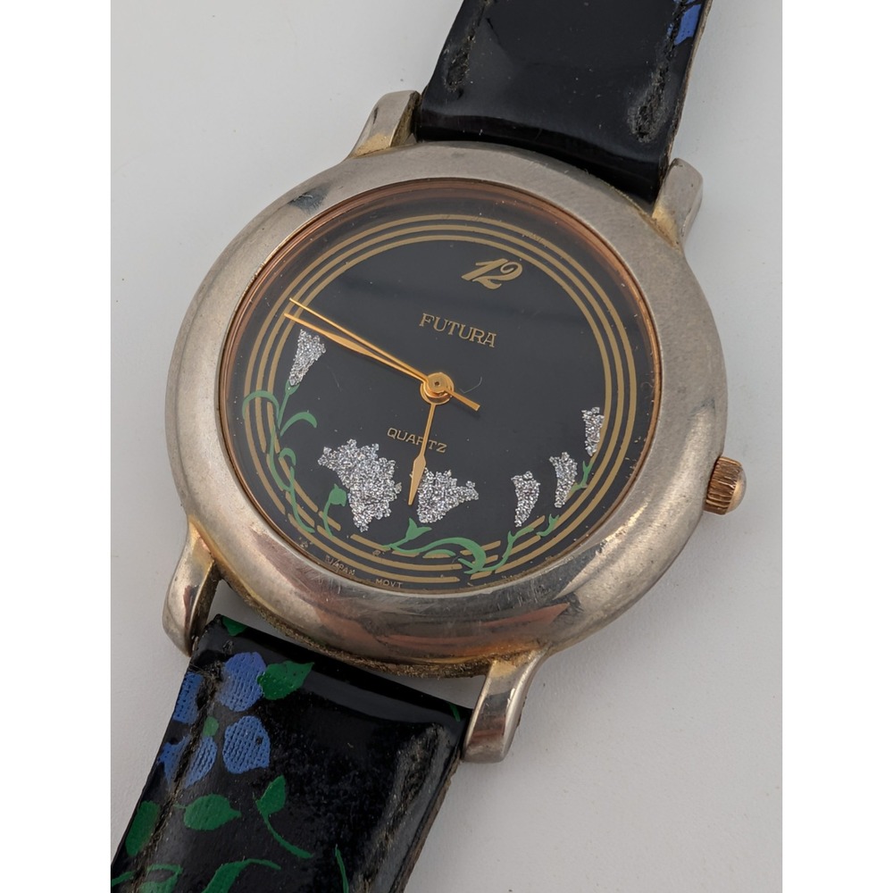 Vintage Futura Women's Watch 36mm Case Floral Leather Band- New Battery